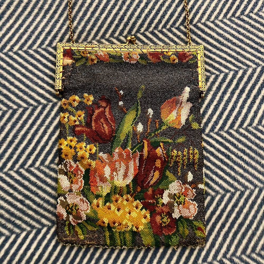 Antique Victorian Flower Floral Design Micro-beaded Purse, Metal Clasp & Chain